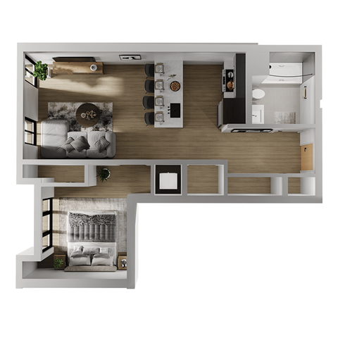 Floor plan for 1 bed, 1 bath, 673 sqft